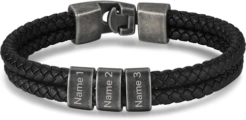 Pulsera personalizada con nombre para hombre, pulsera de cuero personalizada para hombre con 2-5 cuentas vintage grabadas con nombres de familia,