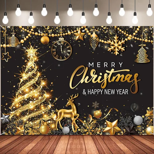 Miniatura 8 de Tiamon Telón de Fondo Banner de Fiesta Feliz Navidad para Decoración de Fiesta de Navidad y Año Nuevo (Azul Dorado, 72.8 x 43.3 Pulgadas)