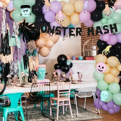 Miniatura 3 de Kit de arco de guirnalda de globos de monstruo de Halloween, globos negros, morados, verdes con globos de papel de aluminio, pancarta de monstruo