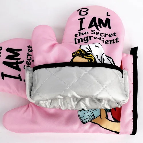Miniatura 5 de Juegos de guantes de horno divertidos y soportes para ollas antideslizantes para cocinar, barbacoa, parrilla con acolchado, guantes resistentes al