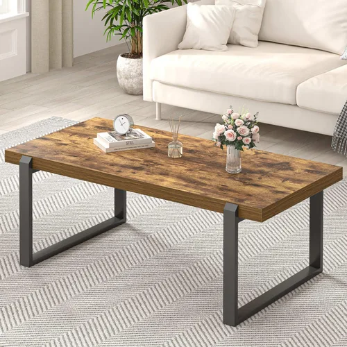 Miniatura 13 de EXCEFUR Mesa auxiliar moderna, mesa central de madera rústica y metal para sala de estar, mesa de té rectangular industrial para oficina en casa