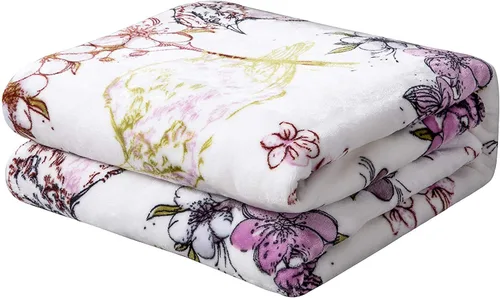 Miniatura 3 de DaDa Bedding - Manta de forro polar de visón sintético con estampado floral morado, franela de felpa ultrasuave, estampado de pájaros de jardín
