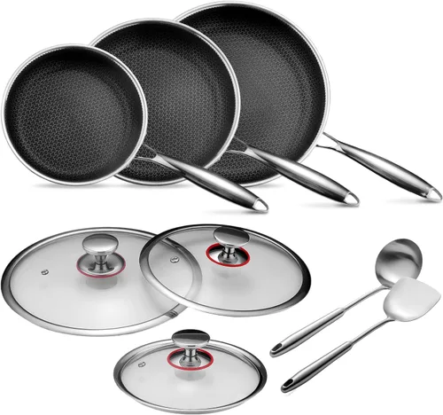 Lazycorner Juego de ollas y sartenes antiadherentes, sartenes de acero inoxidable con tapa, juego de utensilios de cocina saludables y no tóxicos,