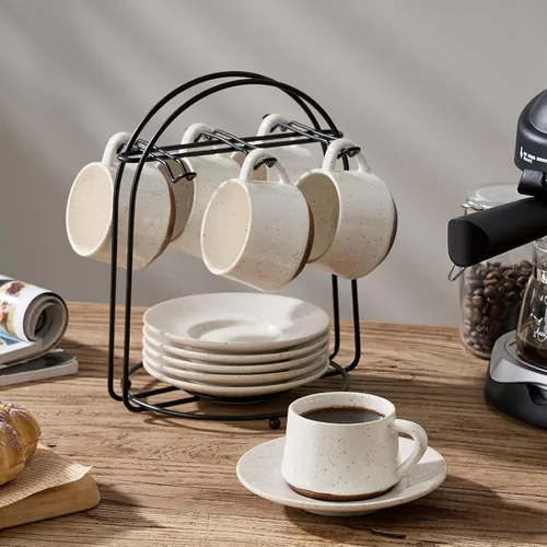 Miniatura 3 de SIDUCAL Juego de 6 tazas apilables para capuchino de 4 onzas, tazas de café de cerámica con platillos y portavasos, aptos para microondas