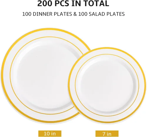 Miniatura 2 de AOZITA Juego de 200 piezas de platos de plástico dorados, platos desechables resistentes para fiesta y boda, incluye 100 platos de cena y 100 platos