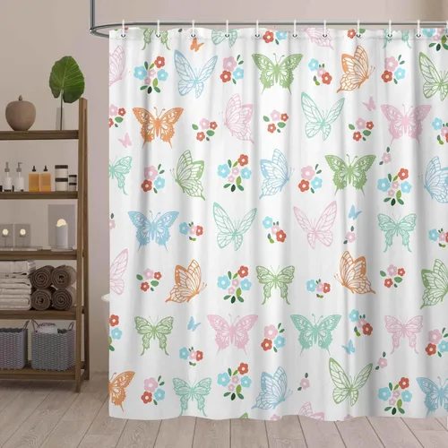 Miniatura 3 de Cortina de ducha con diseño de mariposas, diseño floral, moderna, femenina, para baño, accesorios de baño para niños con ganchos, 47 x 64 pulgadas