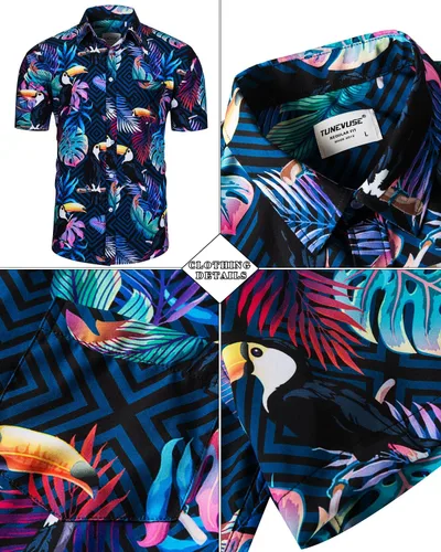 Miniatura 3 de TUNEVUSE Conjunto de camisas y pantalones cortos hawaianos para hombre, 2 piezas, trajes de playa con estampado de flores, traje tropical de verano