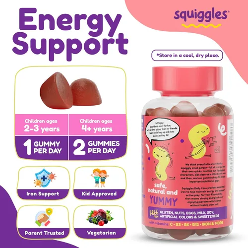 Miniatura 3 de Squiggles Kids Daily Iron+ Gummies - Suplemento masticable con hierro, multivitamínico para niños, bajo en azúcar, vegano, gomitas para niños