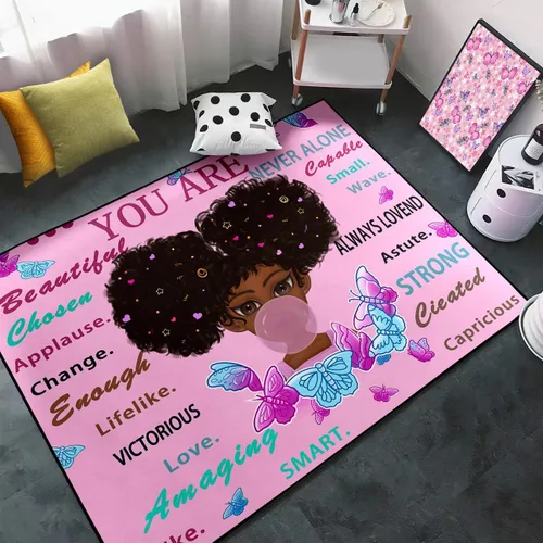Miniatura 11 de Alfombra de área para dormitorio de niñas negras africanas, alfombra para sala de estar, sala de juegos, azul, lindo anime de dibujos animados