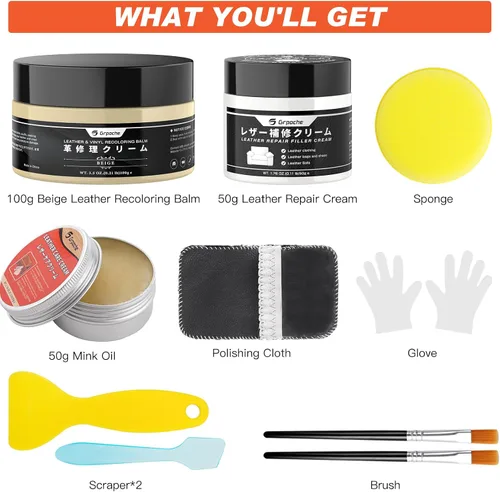Miniatura 2 de Bálsamo de recoloración de cuero beige, acondicionador de aceite de visón para cuero y crema de relleno de cuero, kit de reparación de cuero