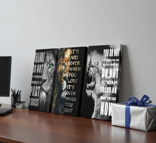 Miniatura 8 de 3 Piezas de Arte de Pared Inspirador para Oficina, Lienzo Moderno con Citas Motivacionales, Imágenes en Blanco y Negro de León, Decoración de Pared