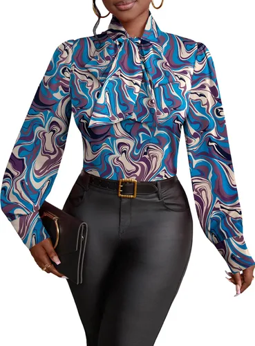 Miniatura 12 de Vrtige Camisa de mujer elegante con cuello de lazo, manga larga, blusa para la oficina