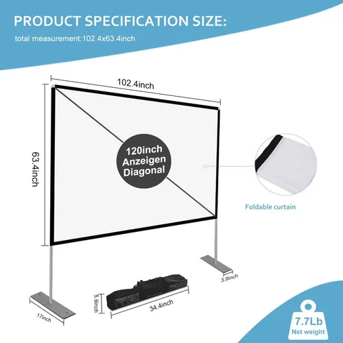 Miniatura 2 de Pantalla de proyector con soporte de 120 pulgadas 16:9 HD 4K para interiores y exteriores, pantalla de proyección para cine en casa, pantalla