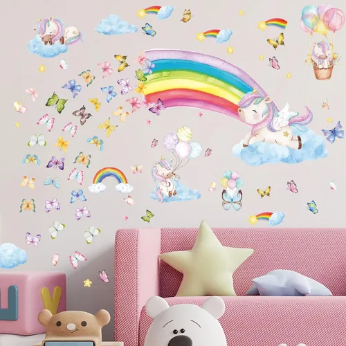 Miniatura 4 de Calcomanías de pared grandes arcoíris y unicornio que brillan en la oscuridad, calcomanías de pared de mariposas luminosas y estrellas brillantes