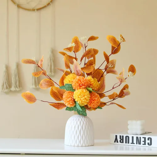 Miniatura 2 de Hananona Ramo de flores artificiales de crisantemo, crisantemos naranja con tallos de eucalipto, ramo de otoño naranja falso para centros de mesa