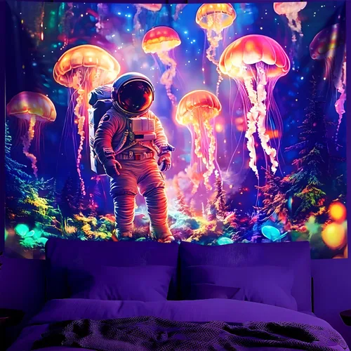 Miniatura 37 de BVBOX Tapiz de astronauta espacial con luz negra, reactivo a los rayos UV, galaxia, planeta que brilla en la oscuridad, póster de luz negra, arte