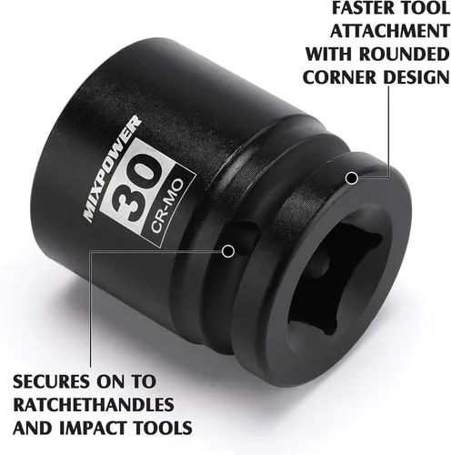 Miniatura 4 de MIXPOWER Zócalo de impacto poco profundo de 3/4", 1.181 in, CR-MO, métrico, 6 puntos, tuerca de eje de grado de impacto para una fácil extracción