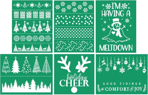 Miniatura 12 de DGAGA Plantillas de pantalla de seda autoadhesivas de Navidad con pasta de tiza, 17 unidades, plantilla de impresión de pantalla de invierno, pasta