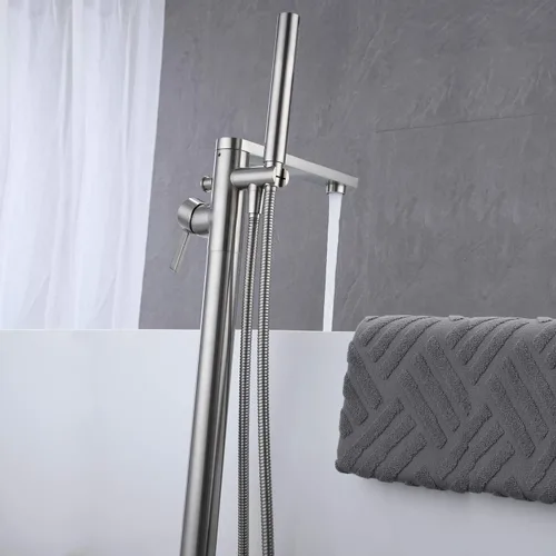 Miniatura 5 de Wowkk Grifo de bañera independiente, relleno de bañera de níquel cepillado, montaje en el suelo, latón de una sola manija, grifos de baño con ducha