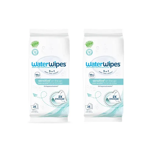 WaterWipes Sensitive+ On The Go Wipes, 3 en 1 limpia, cuida, protege, 99.9% de agua, toallitas húmedas hipoalergénicas y sin perfume, 28 unidades