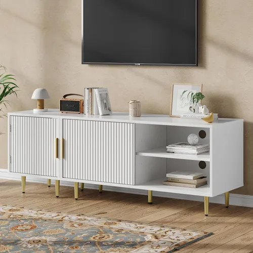 Miniatura 6 de Housoul Soporte de TV moderno combinado para TV de 55/60/65 pulgadas, pequeño centro de entretenimiento acanalado con estante ajustable, soporte