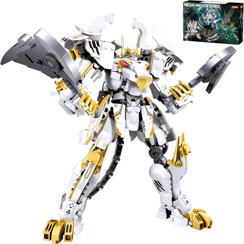 CSNRHG Modelo de robot mecánico samurái de tigre blanco con doble hacha, bloques de construcción, juego de juguetes de cumpleaños mítico para niños