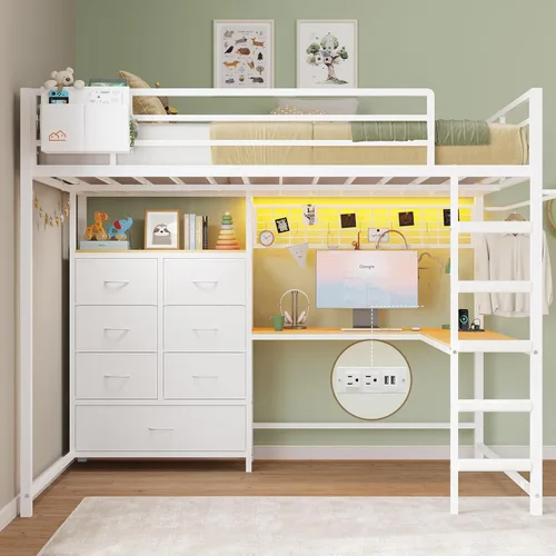 Miniatura 11 de DICTAC Cama alta individual con escritorio en forma de L y 7 cajones de almacenamiento, cama alta de metal tamaño individual para niños con luces