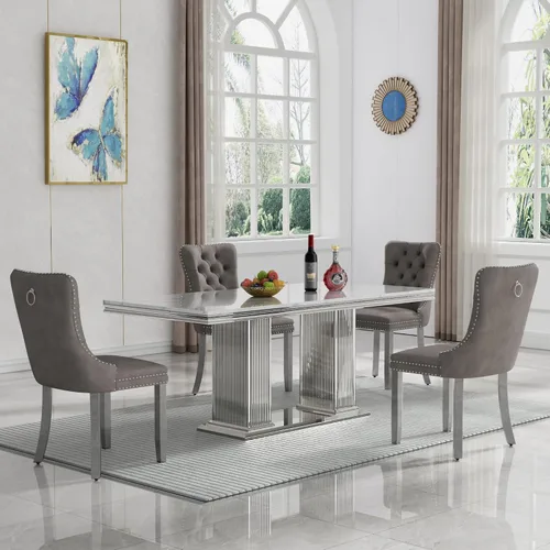 Miniatura 40 de Juego de mesa de comedor de 5 piezas, moderno juego de mesa de comedor para 4, 70 pulgadas, juego de mesa de comedor de mármol sintético blanco
