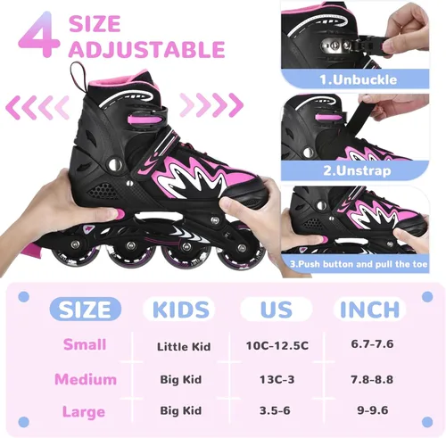Miniatura 3 de TOMSHOO Adjustable Inline Skates for Kids Outdoor Roller Skates with Full Light Up Wheels Roller Blades for Girls and Boys Birthday Gift Rosa