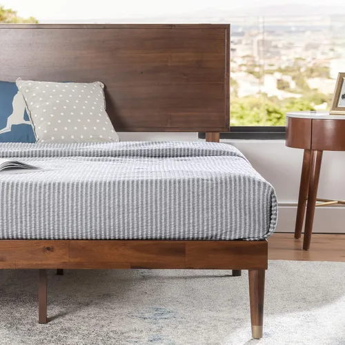 Miniatura 3 de Zinus Deluxe cama de madera estilo de medio siglo con cabecero, sin necesidad de colchon de resortes, Pino, Marrón