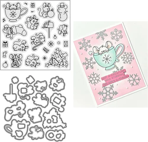 Juego de sellos y troqueles transparentes de ratón y taza de Navidad de invierno para hacer tarjetas, plantillas de corte para álbumes de recortes,