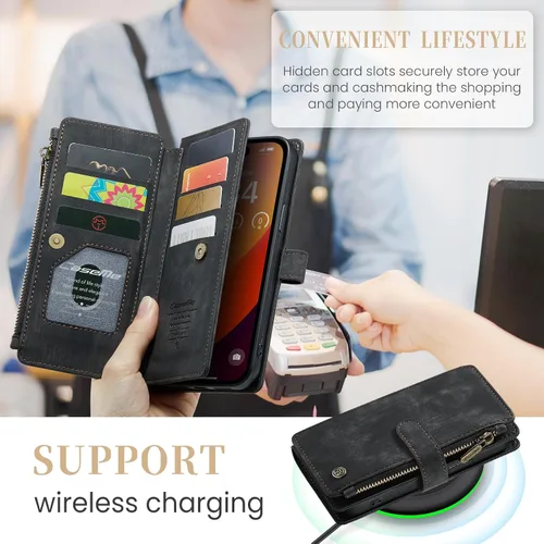 Miniatura 3 de CaseMe - Funda tipo cartera para iPhone 15 Pro Max, multifunción, hecha a mano, de piel sintética, con cremallera, a prueba de golpes, con cierre
