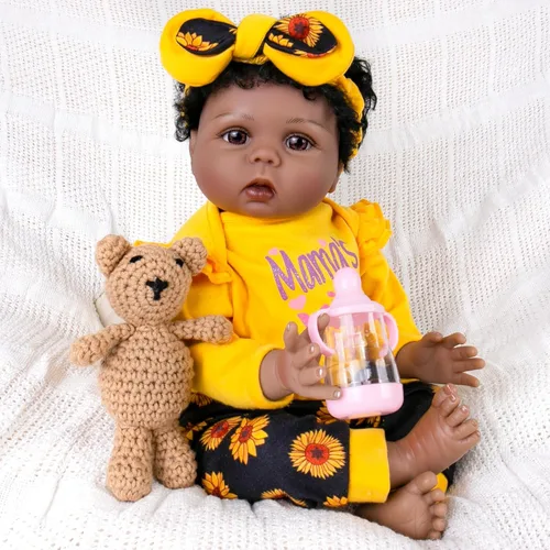 Aori Muñecas de bebé recién nacidas negras realistas de 22 pulgadas, muñecas negras con peso recién nacido, juego de regalo para niños a partir de 3