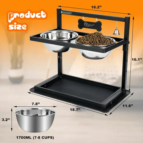 Miniatura 5 de SHAINFUN Soporte de Cuencos Elevados/Alzados para Perros con Altura Ajustable con Dos Cuencos de Comida de Acero Inoxidable de 1.7L y Tapete a