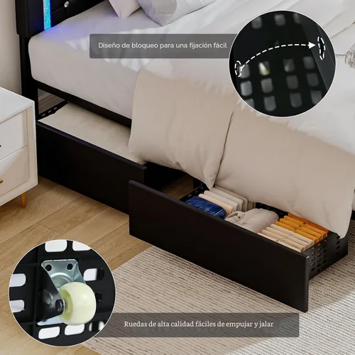 Miniatura 6 de BarnFurin Marcos de Cama Individual con Luces LED y Cajones de Almacenamiento, Marco de Cama Tapizado con Cabecera de Diamante, Cama de Plataforma