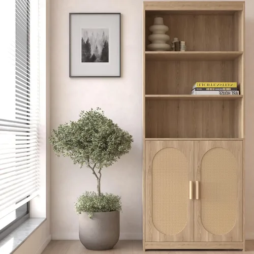 Miniatura 5 de SSLine Gabinete bohemio de ratán para oficina en casa de 71 pulgadas de alto, estantería de madera con 3 puertas decorativas de ratán y 3 estantes