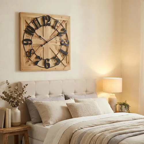 Miniatura 7 de EMAX HOME Reloj de pared grande estilo casa de campo, reloj de madera rústico cuadrado marrón de 24 pulgadas con letrero decorativo de madera