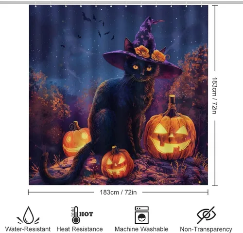 Miniatura 2 de Juego de 4 cortinas de ducha divertidas con diseño de gato, calabaza, luna, con alfombras, tapa de inodoro y tapete de baño, farol de Halloween