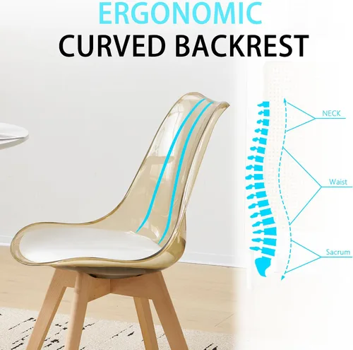 Miniatura 6 de Juego de 2 sillas de comedor transparentes, modernas sillas de comedor de acrílico con cojines de piel sintética y patas de madera, sillas laterales