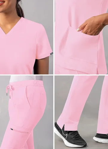 Miniatura 4 de Adar - Uniforme tipo filipina, con camisa de cuello en V y pantalones con bolsillos tipo cargo, para mujer