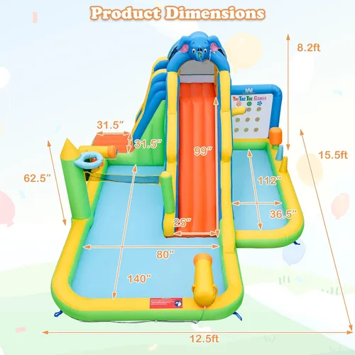 Miniatura 4 de BOUNTECH Tobogán acuático inflable, tobogán de surf de elefante, parque acuático para niños, castillo hinchable con 2 piscinas de chapoteo, cueva