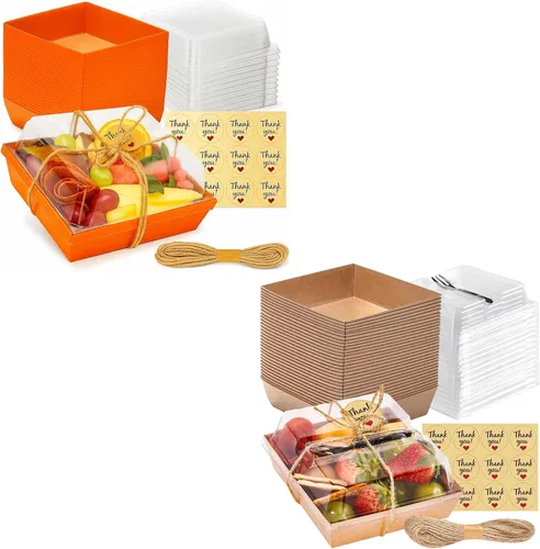 Paquete de 100 cajas de embutidos de 5 pulgadas con tapas transparentes y tenedores – Tabla de papel individual para llevar con tapa, recipientes