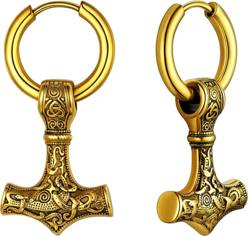 FaithHeart Aretes de aro vikingo para hombre, ligeros, de acero inoxidable, aretes colgantes retro de mitología nórdica, regalo para papá y hermanos