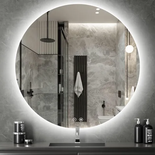Espejo de baño LED redondo de 28 pulgadas, retroiluminación de luz diurna de 6000 K, antivaho y regulable, espejo impermeable sin marco con control