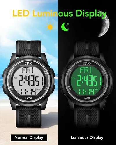 Miniatura 3 de CIVO Digital Watches for Men Women Sports Waterproof Wristwatch with Stopwatch Alarm Date - LED Backlight Big Numbers Silicone Watch for Outdoor