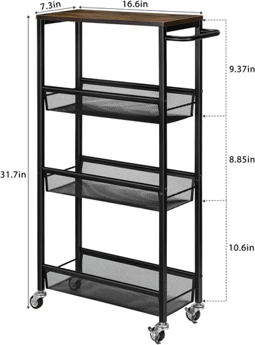Miniatura 2 de MOOACE Carrito de almacenamiento delgado, estantería de cocina rodante de 4 niveles sobre ruedas, carrito estrecho móvil con mesa de madera