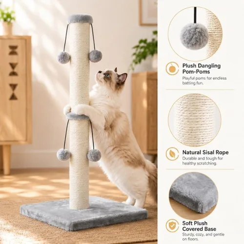 Miniatura 3 de Dimaka - Rascador de gatos de 29 pulgadas con cuerda de sisal natural, rascador para garras de gatitos con 4 bolas de juguete colgantes para gatos