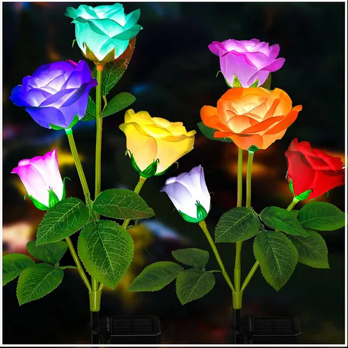 TONULAX Luces solares de jardín – La última versión de luces solares para exteriores, luces de rosas que cambian de 7 colores para patio, decoración