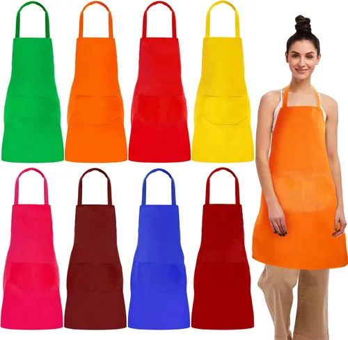 Paquete de 8 delantales lisos a granel, delantales de colores mixtos con 2 bolsillos delanteros, delantales en blanco lavables para cocina, cocina,