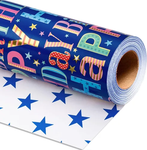Miniatura 9 de Homeral Rollo de papel para envolver regalos azul para baby shower - Rollo mini - 17 pulgadas x 16.5 pies - Juego reversible de papel de regalo